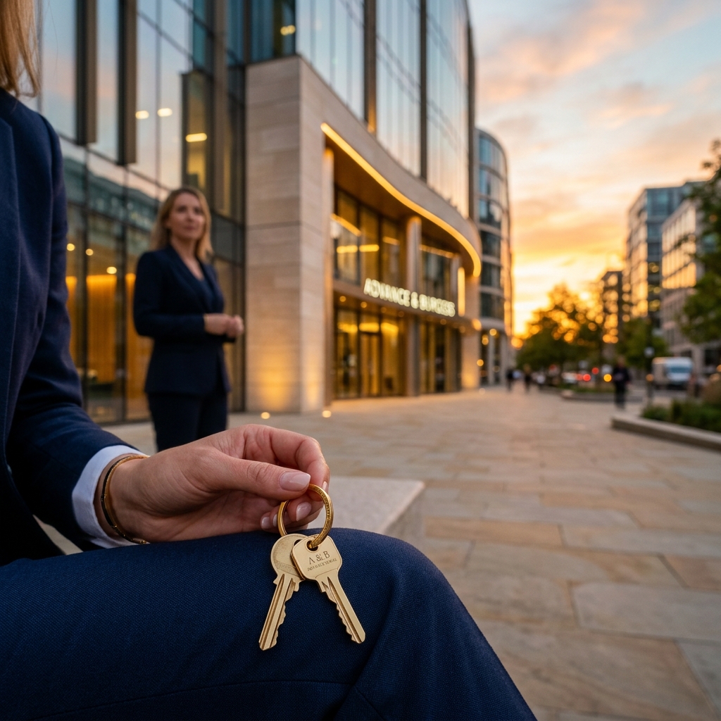 Chave de apartamento e edifício residencial representativos do Airbnb